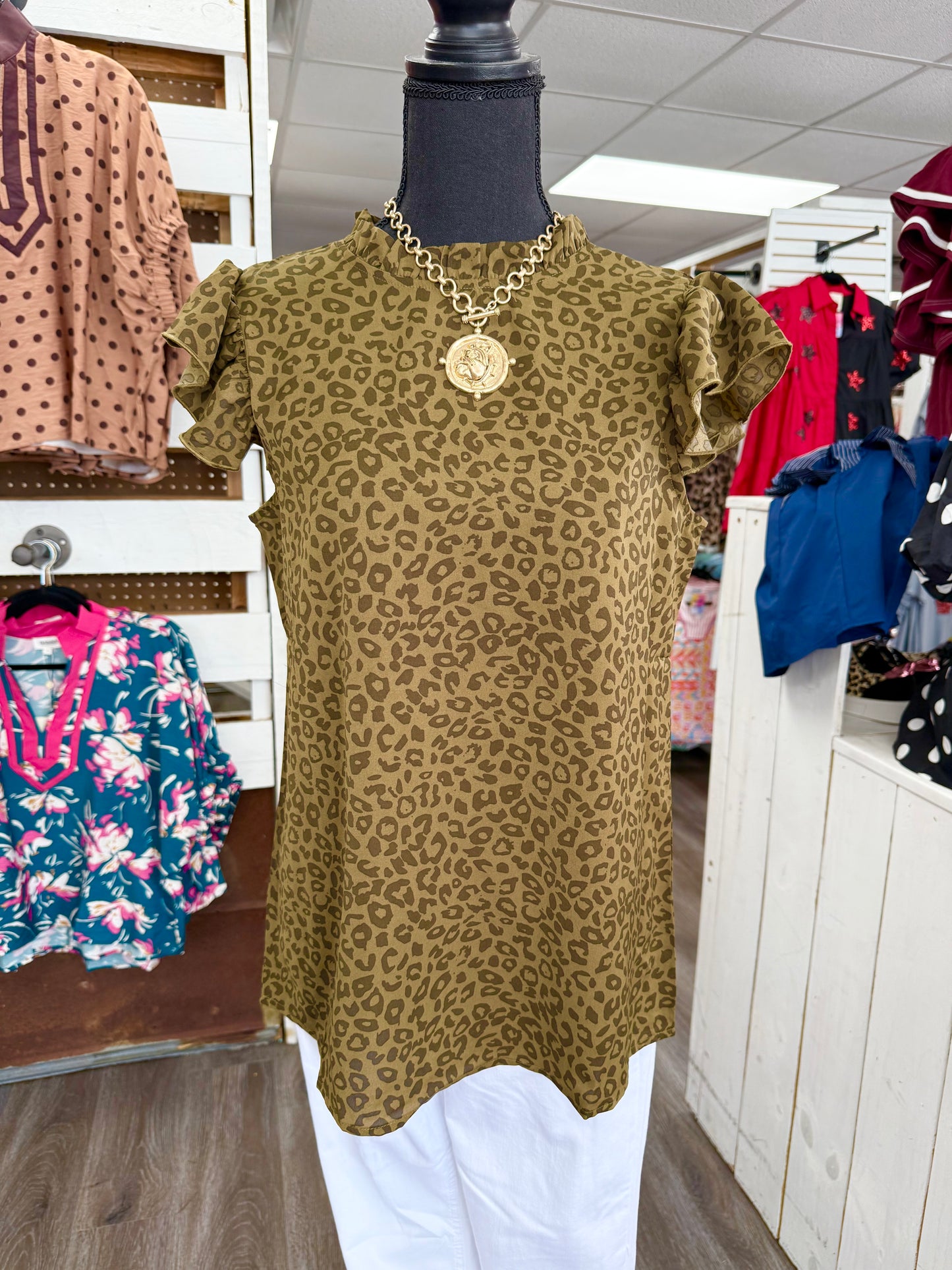 Women’s Olive Leopard Print Ruffle Sleeve Top