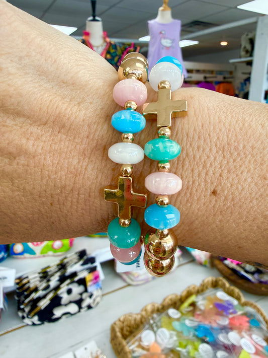 Multi Beaded & Gold Cross Bracelet Set