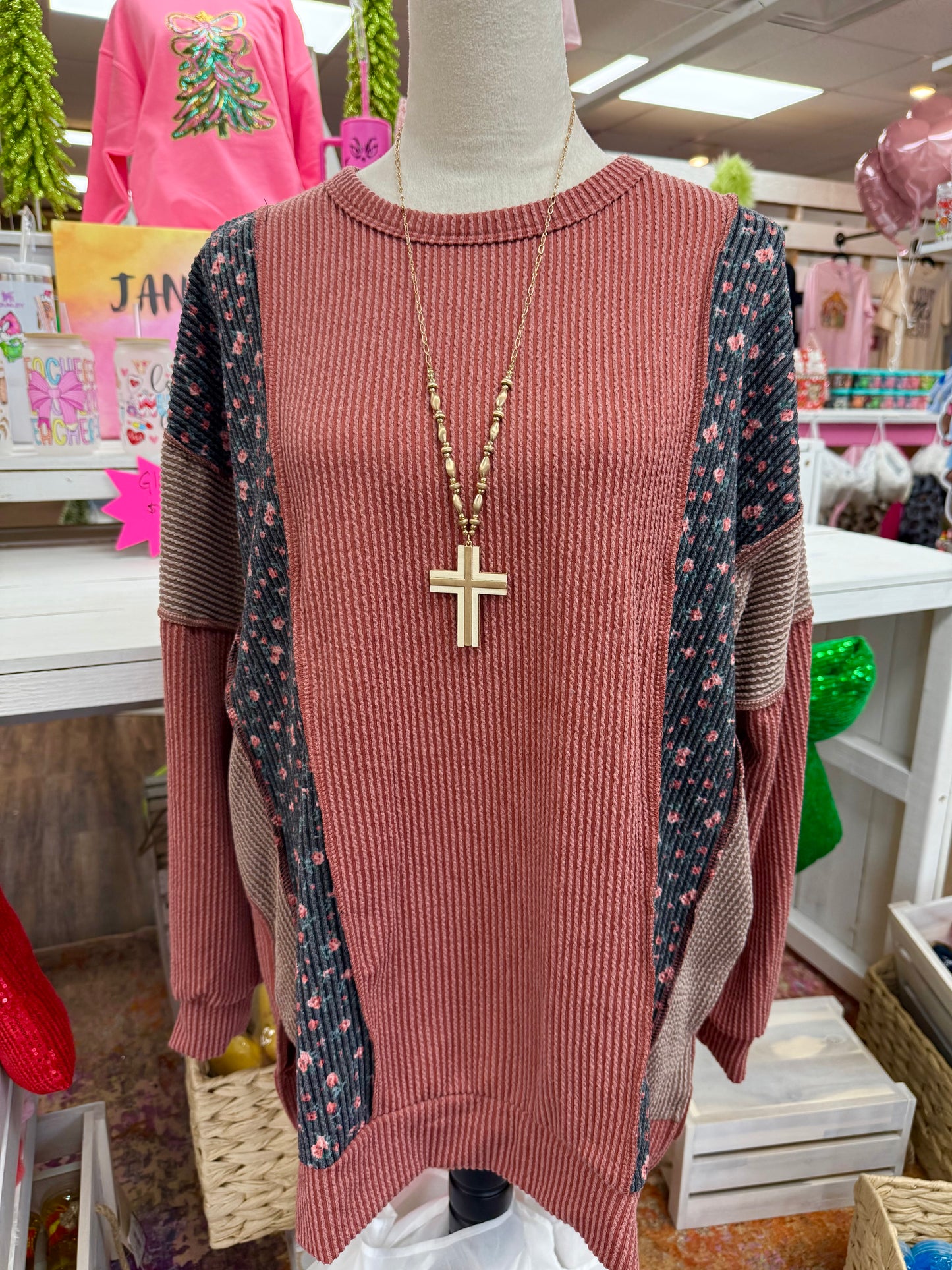 Women’s Ribbed Cinnamon Floral Top