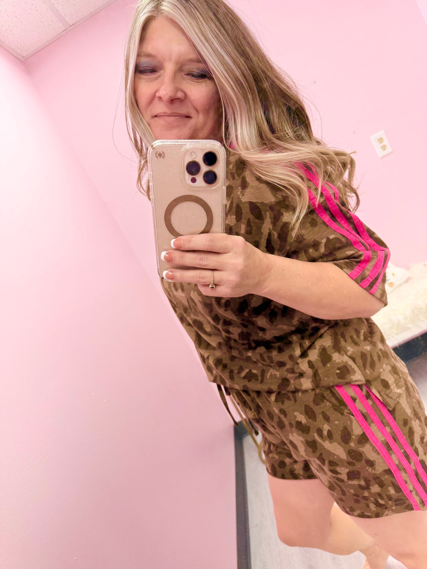 Women’s Leopard With Pink Stripes Shorts Set