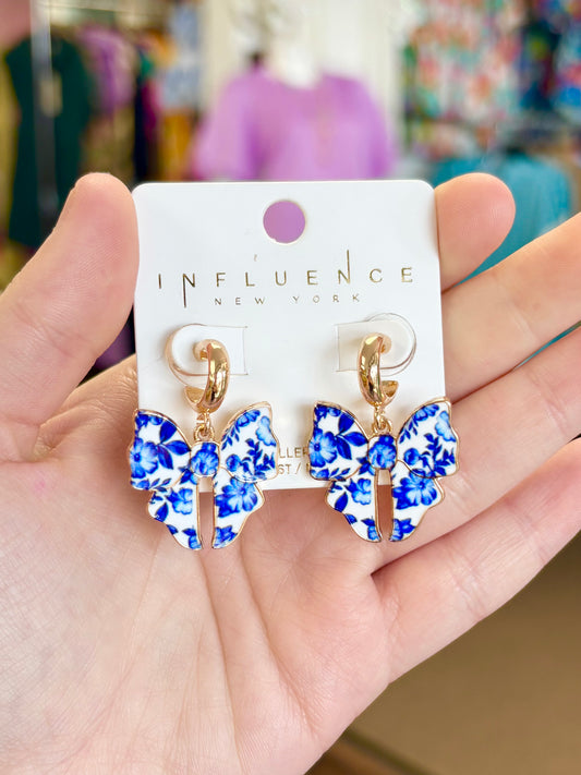 KK Blue Floral Bow Dangle Earrings