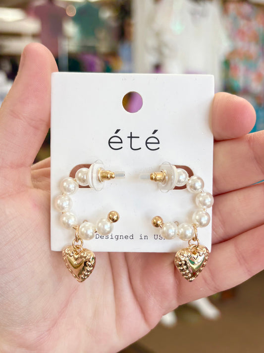 KK Pearl Heart Dangle Hoop Earrings