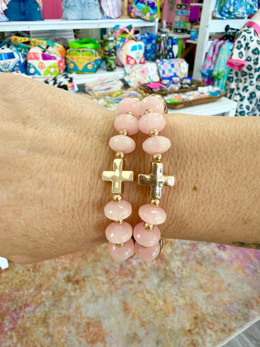 Peach & Gold Beaded Cross Bracelet