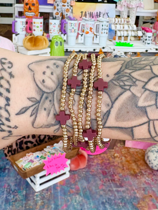 KK Gold Beaded Burgundy Cross Accent Bracelet Set