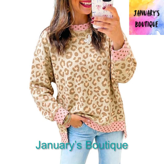 Women’s Pink Leopard and Polka Dot Crew Neck Top