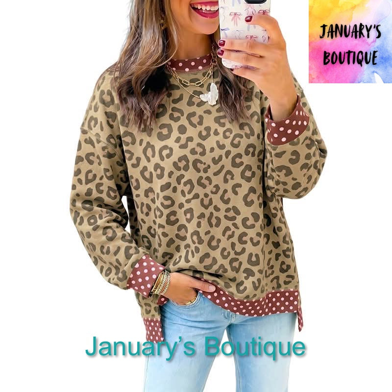 Women’s Maroon Polka Dot and Leopard Mock Neck Top