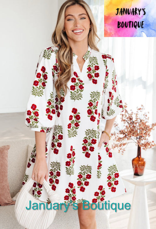 Women’s White Floral 3/4 Sleeve Dress
