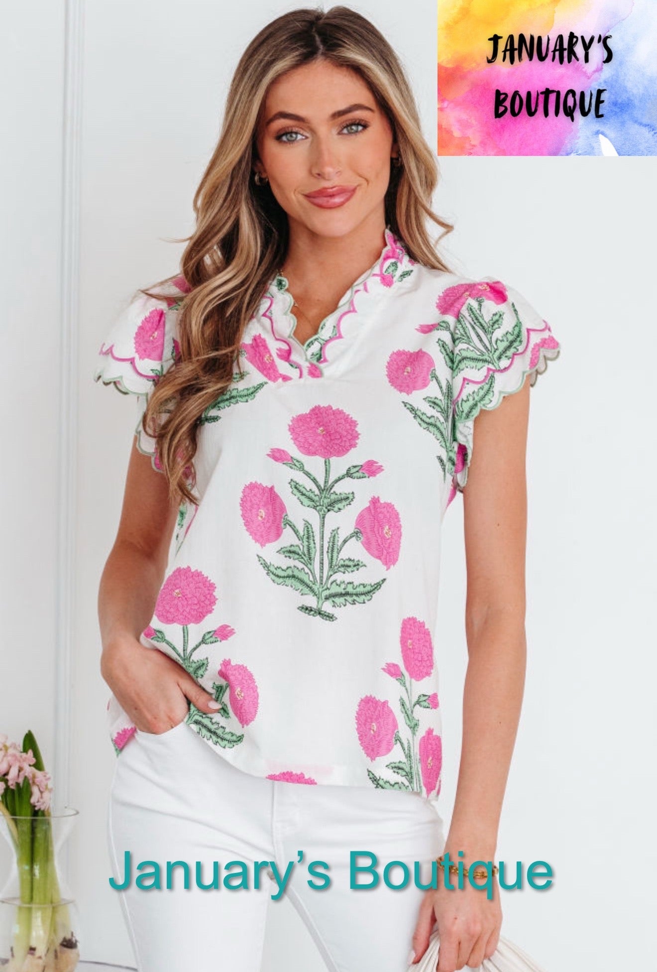 Women’s Pink Floral Scallop Top