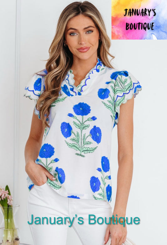 Women’s Blue Floral Scallop Top