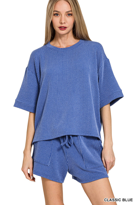 Women’s Classic Blue Ribbed Shorts Set