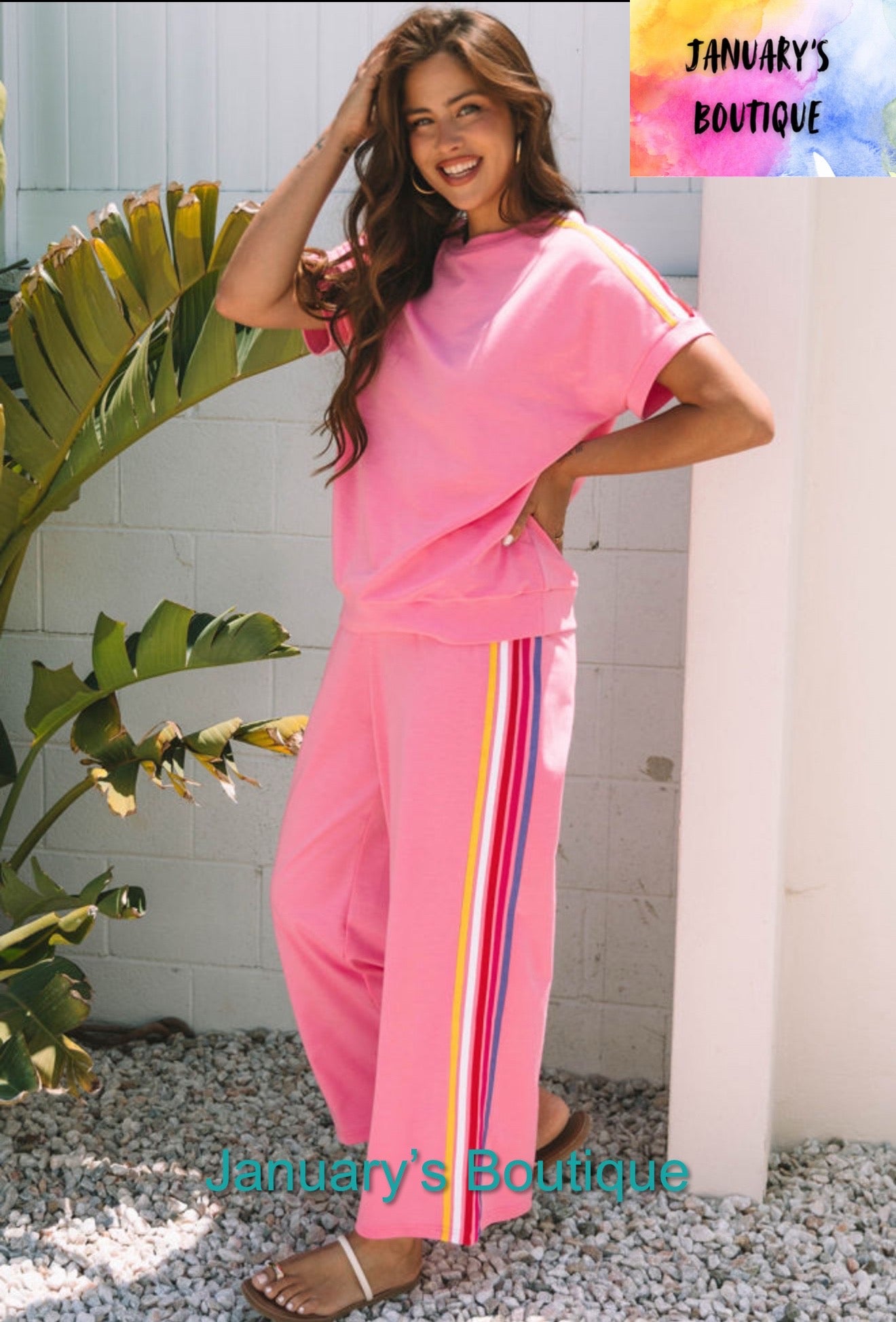 Women’s Pink Ribbed Color Block Pants Set