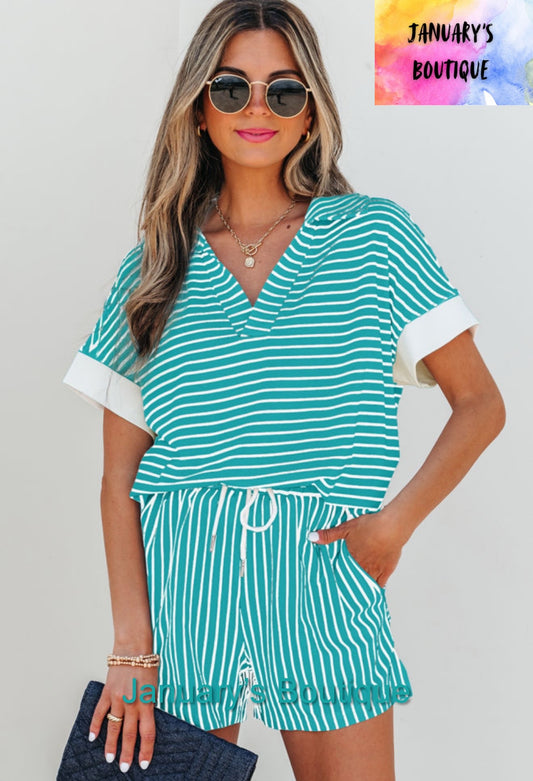 Women’s Teal Striped Shorts Set