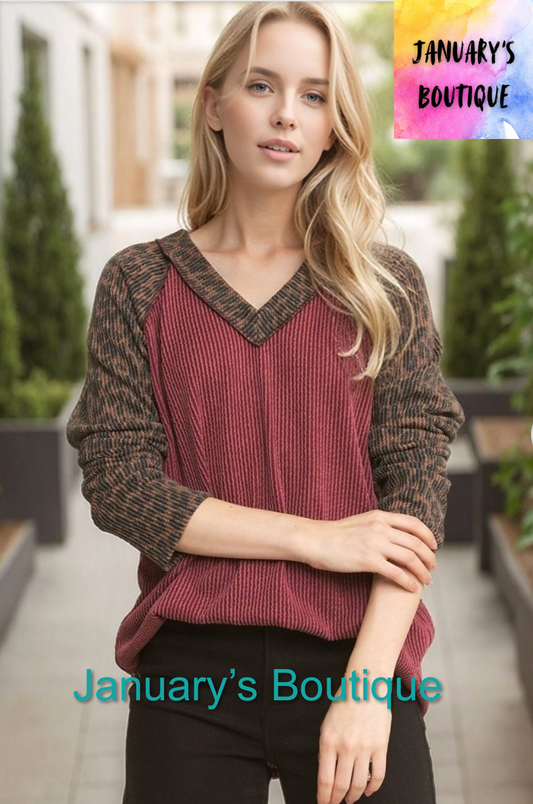 Women’s Burgundy & Leopard Ribbed Top