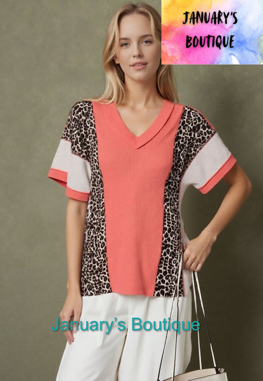 Women’s Coral Leopard Color Block Ribbed Top