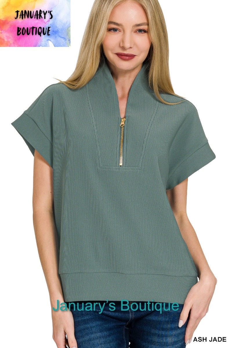 Women's Ribbed High Neck Half Zip Ash Jade Top