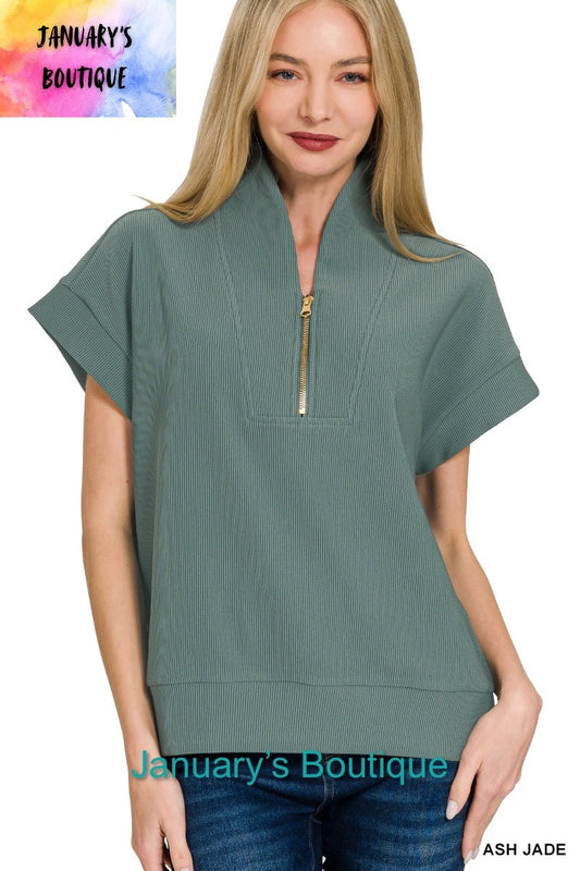 Women's Ribbed High Neck Half Zip Ash Jade Top