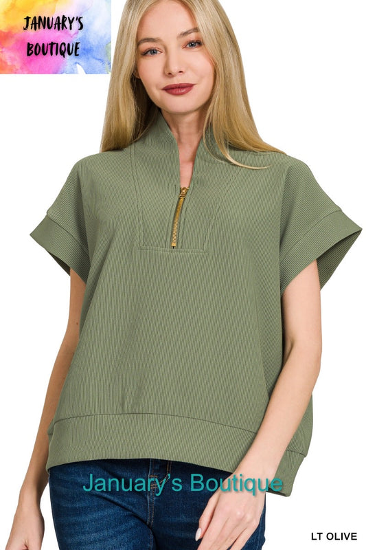 Women's Ribbed High Neck Half Zip Light Olive Top