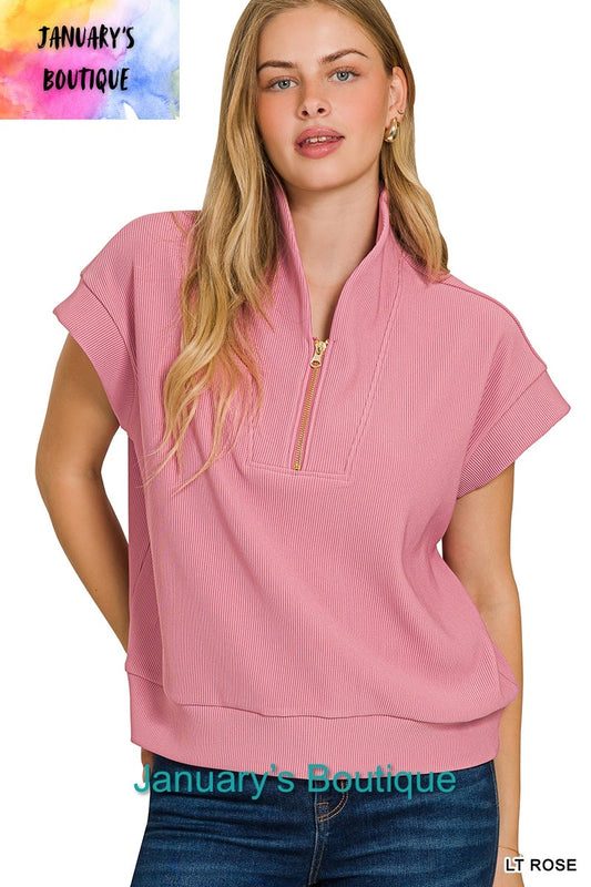 Women's Ribbed High Neck Half Zip Lt Rose Top