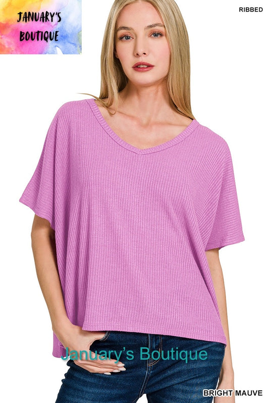 Women's Ribbed V-neck Short Bright Mauve Sweater