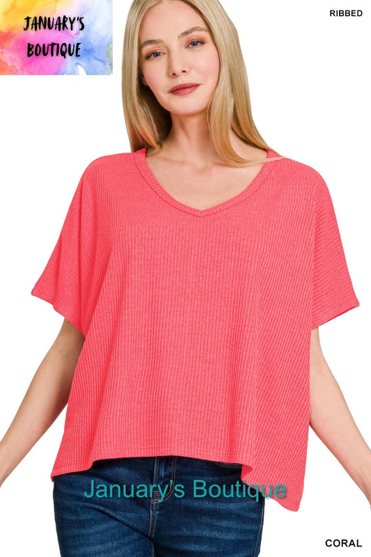 Women's Ribbed V-neck Short Sleeve Coral Sweater