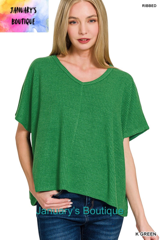 Women's Ribbed V-neck Short Sleeve Kelly Green Sweater