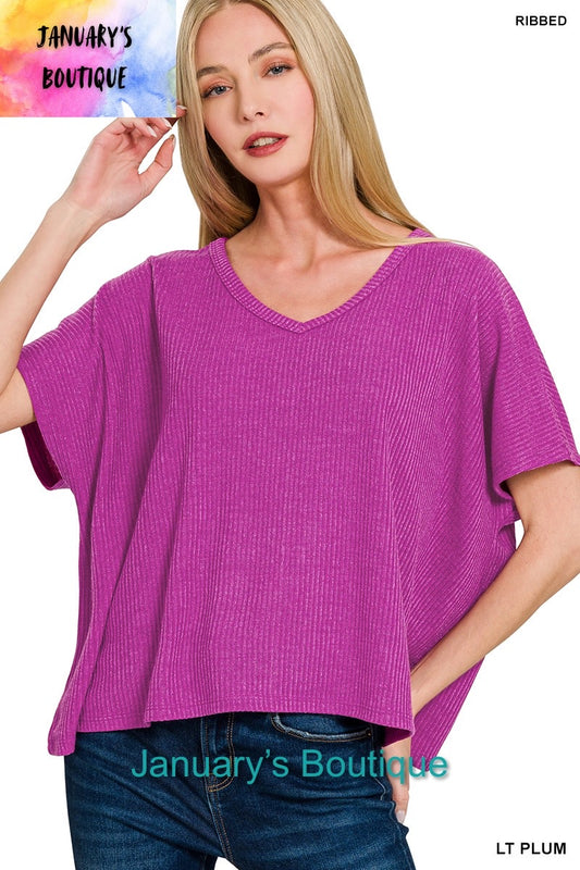 Women's Ribbed V-neck Short Sleeve Lt Plum Sweater