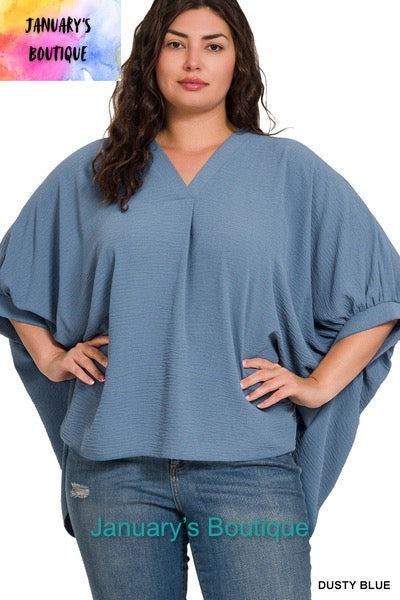 Women’s Plus Woven Airflow V-neck Puff Half Sleeve Dusty Blue Top