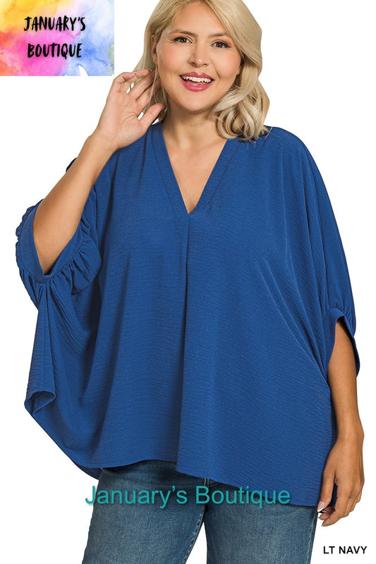 Women’s Plus Woven Airflow V-neck Puff Half Sleeve Lt Navy Top