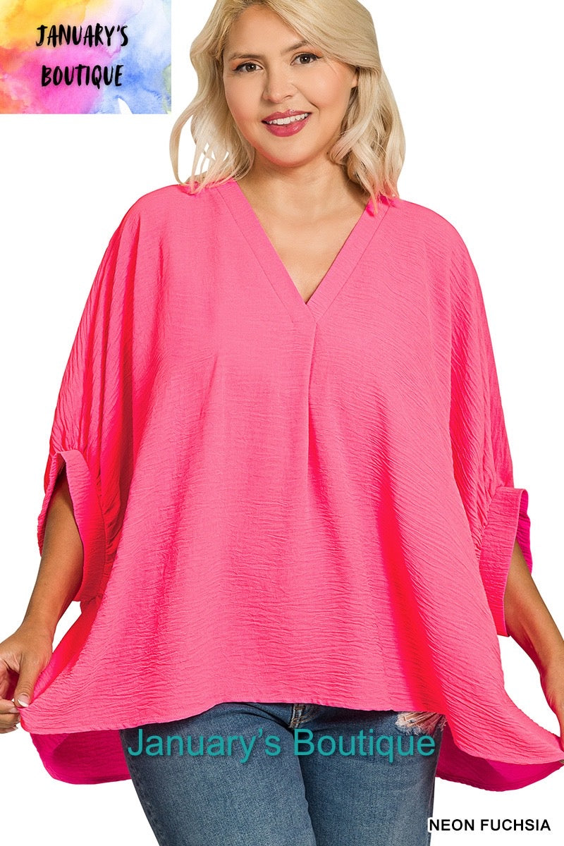 Women’s Plus Woven Airflow V-neck Puff Half Sleeve Neon Fuchsia Top