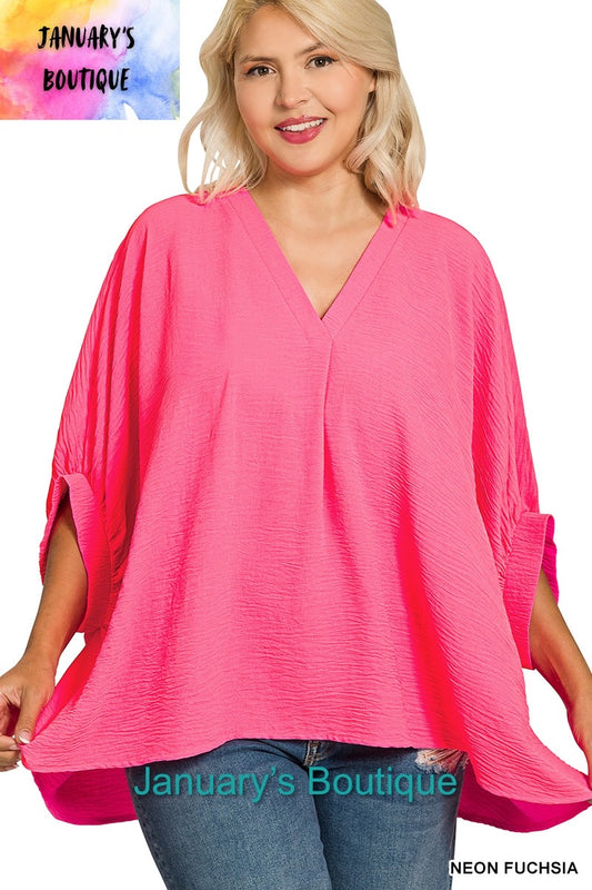 Women’s Plus Woven Airflow V-neck Puff Half Sleeve Neon Fuchsia Top