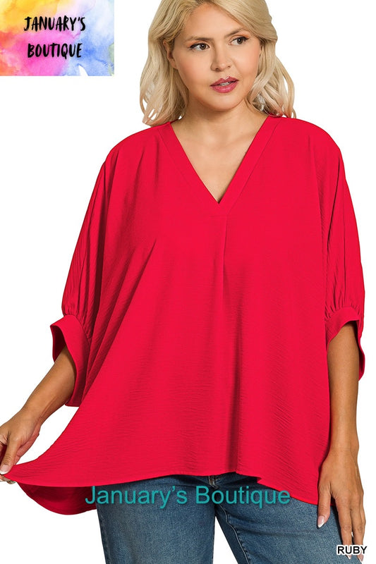 Women’s Plus Woven Airflow V-neck Puff Half Sleeve Ruby Top