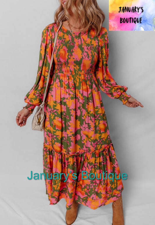 Women’s Orange Floral Smocked Dress