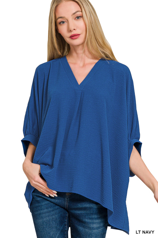 Women’s Lt Navy Airflow V-Neck Puff Half Sleeve Top