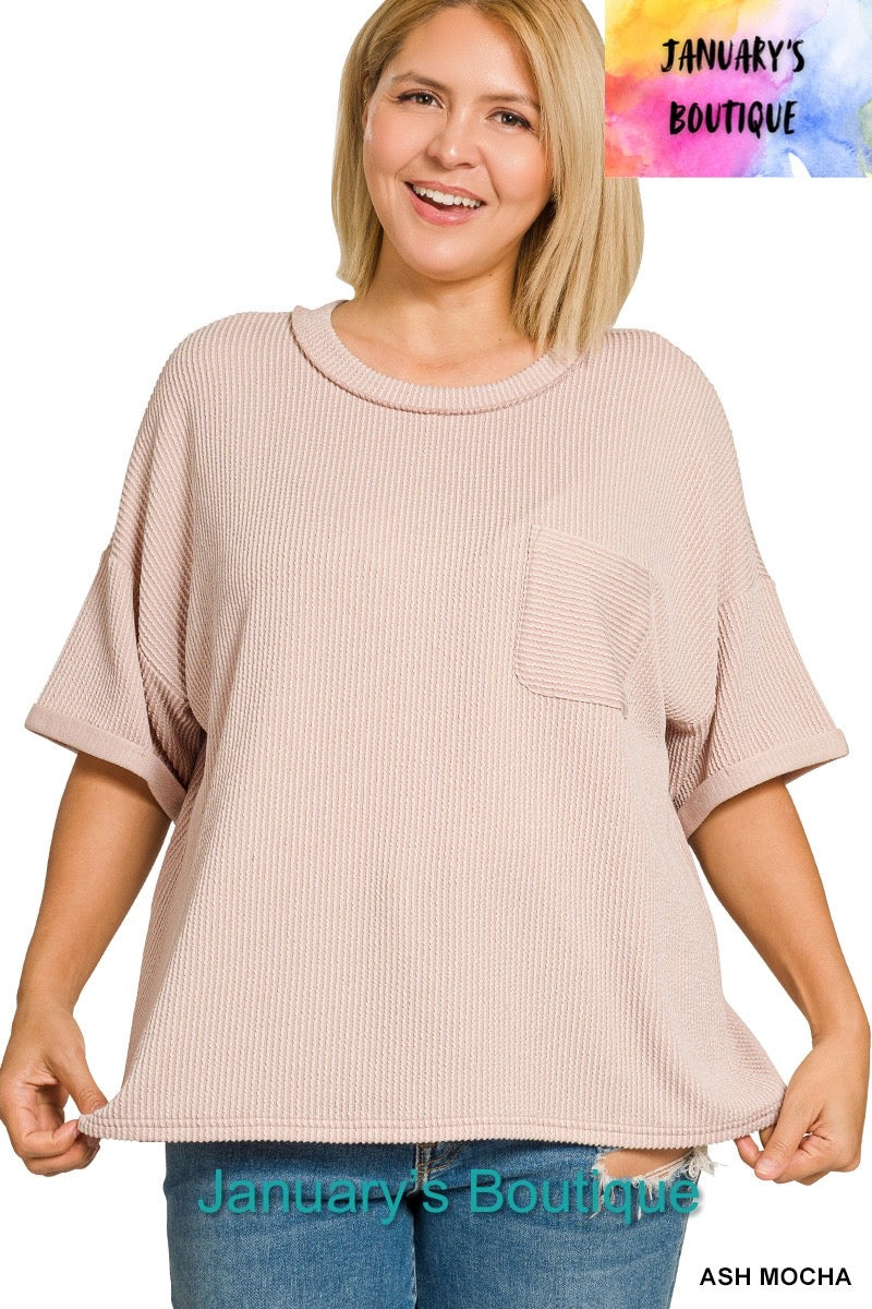 Women’s Plus Ribbed Folded Sleeve Ash Mocha Top