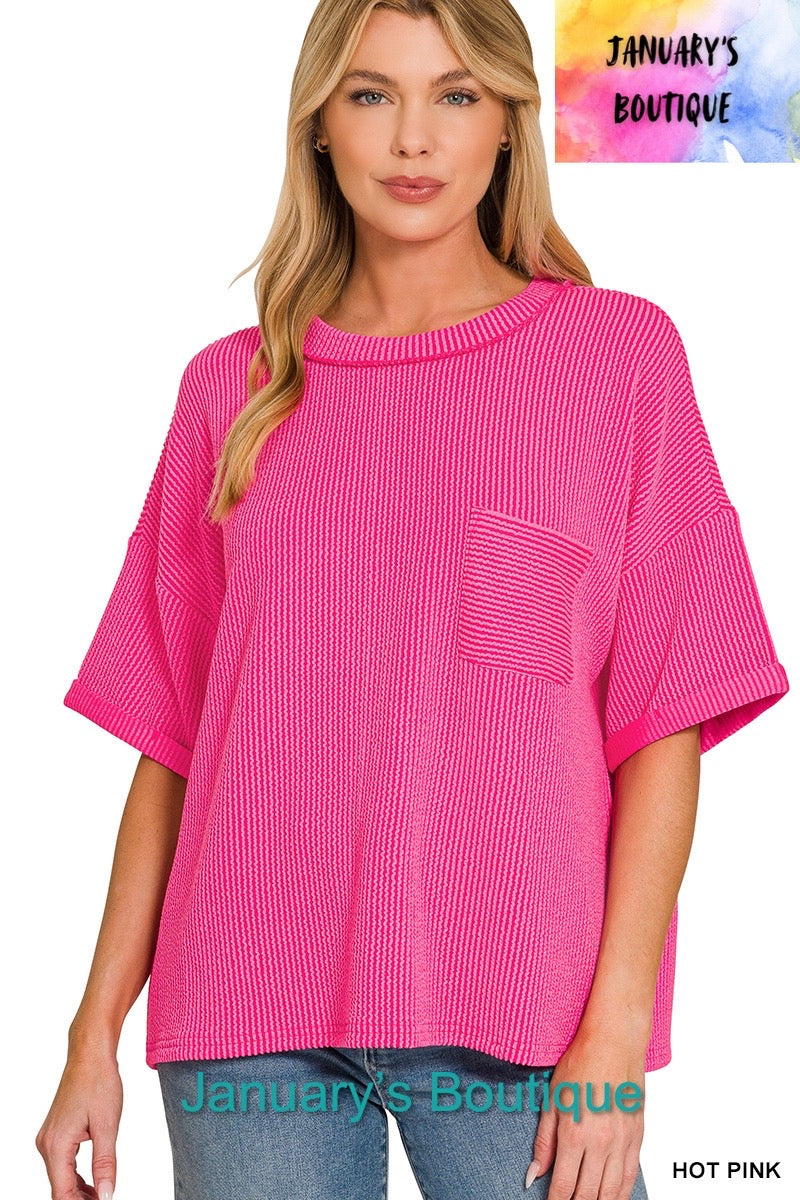 Women’s Hot Pink Ribbed Folded Sleeve Top
