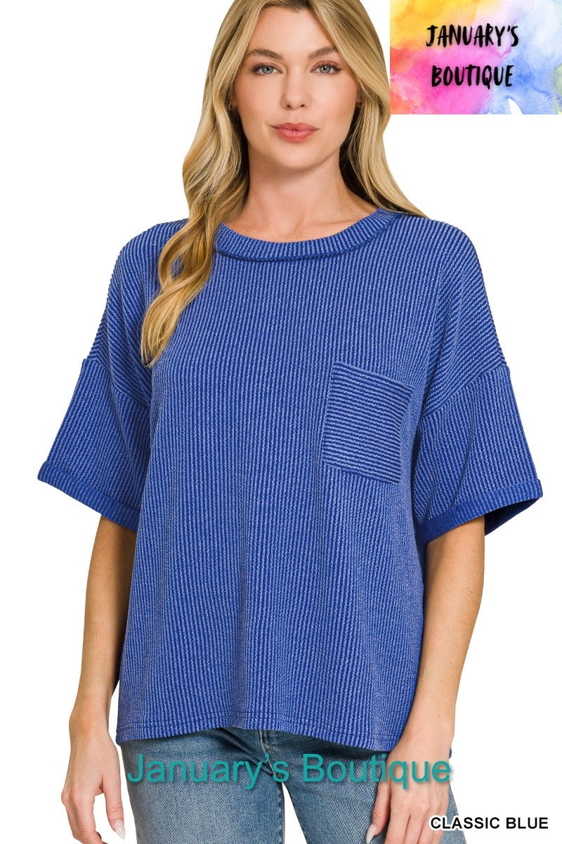 Women’s Ribbed Classic Blue Folded Sleeve Top