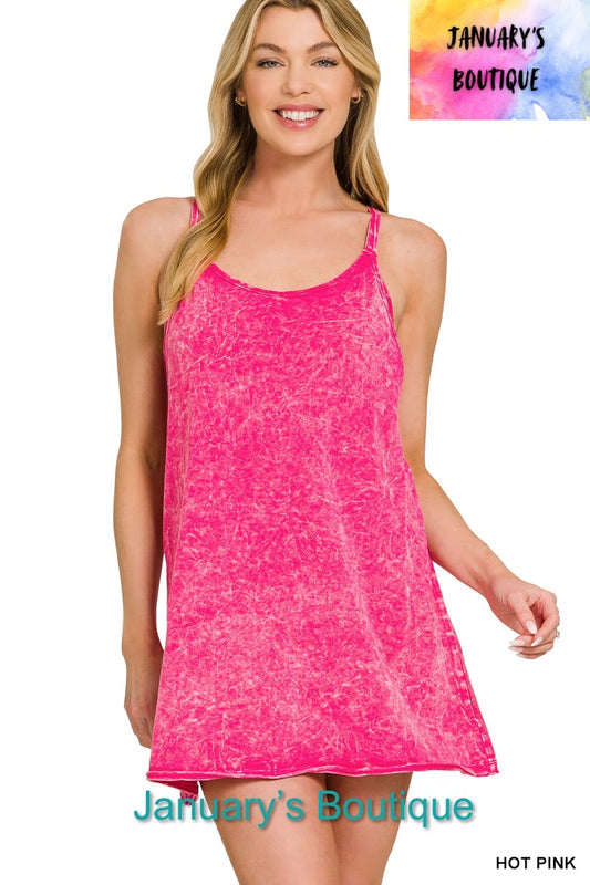 Women’s Hot Pink Crinkle Washed Mini Dress With Built In Romper
