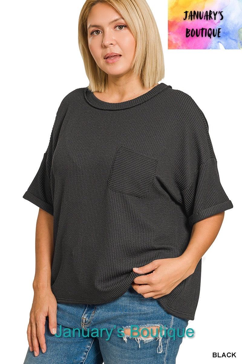 Women’s Plus Ribbed Folded Sleeve Black Top