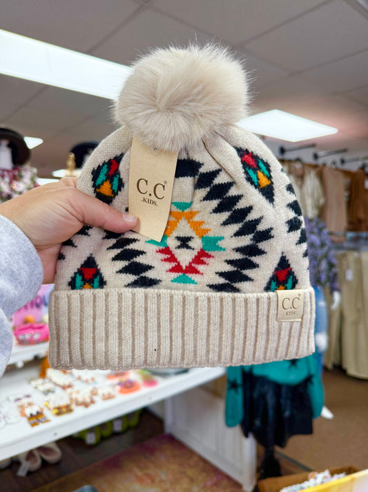 Kids Beige Aztec Pom Pom Beanie