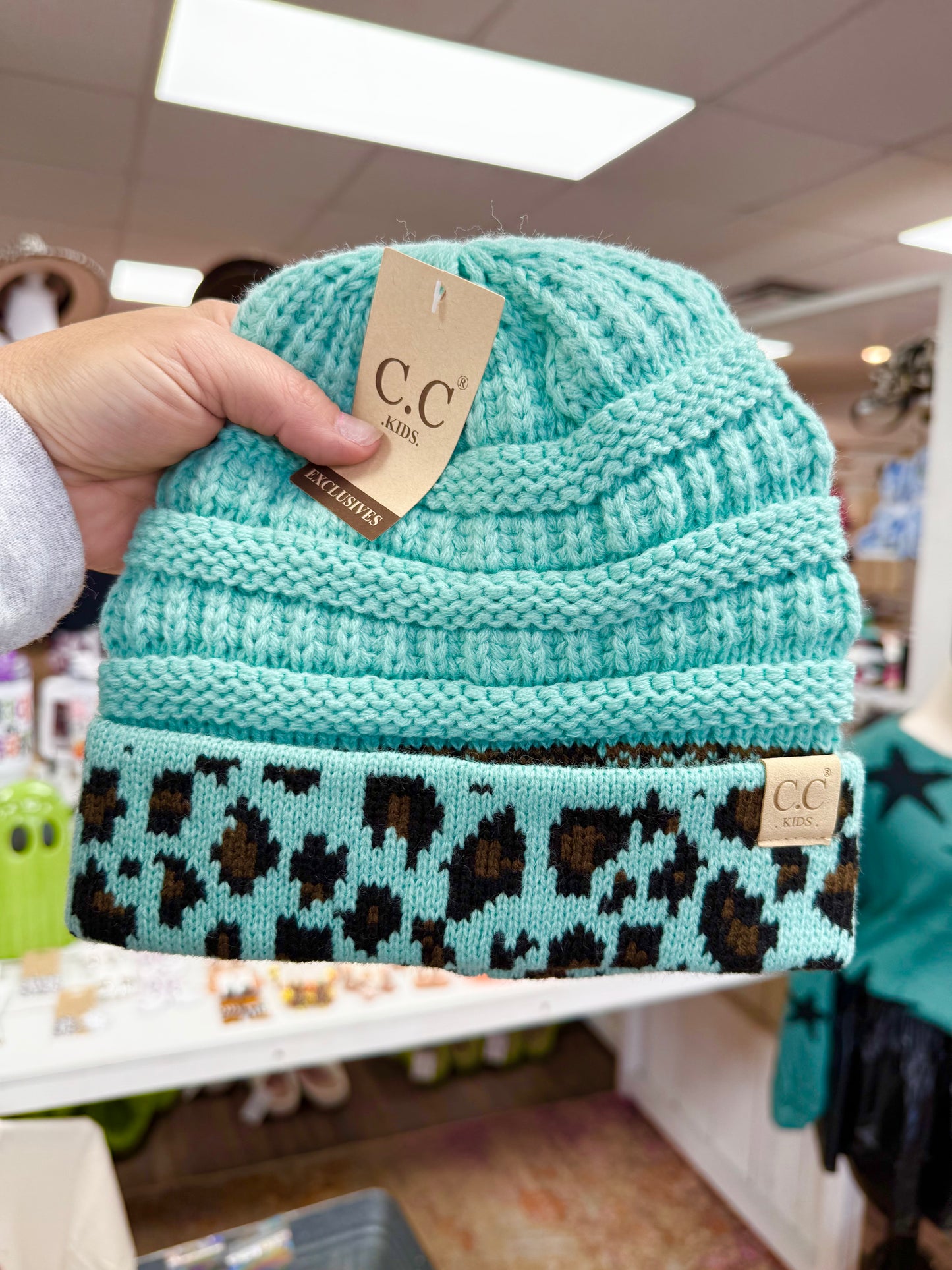 Kids Mint Leopard Beanie