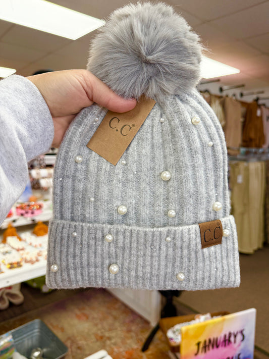 Light Grey Pearl Pom Pom Beanie