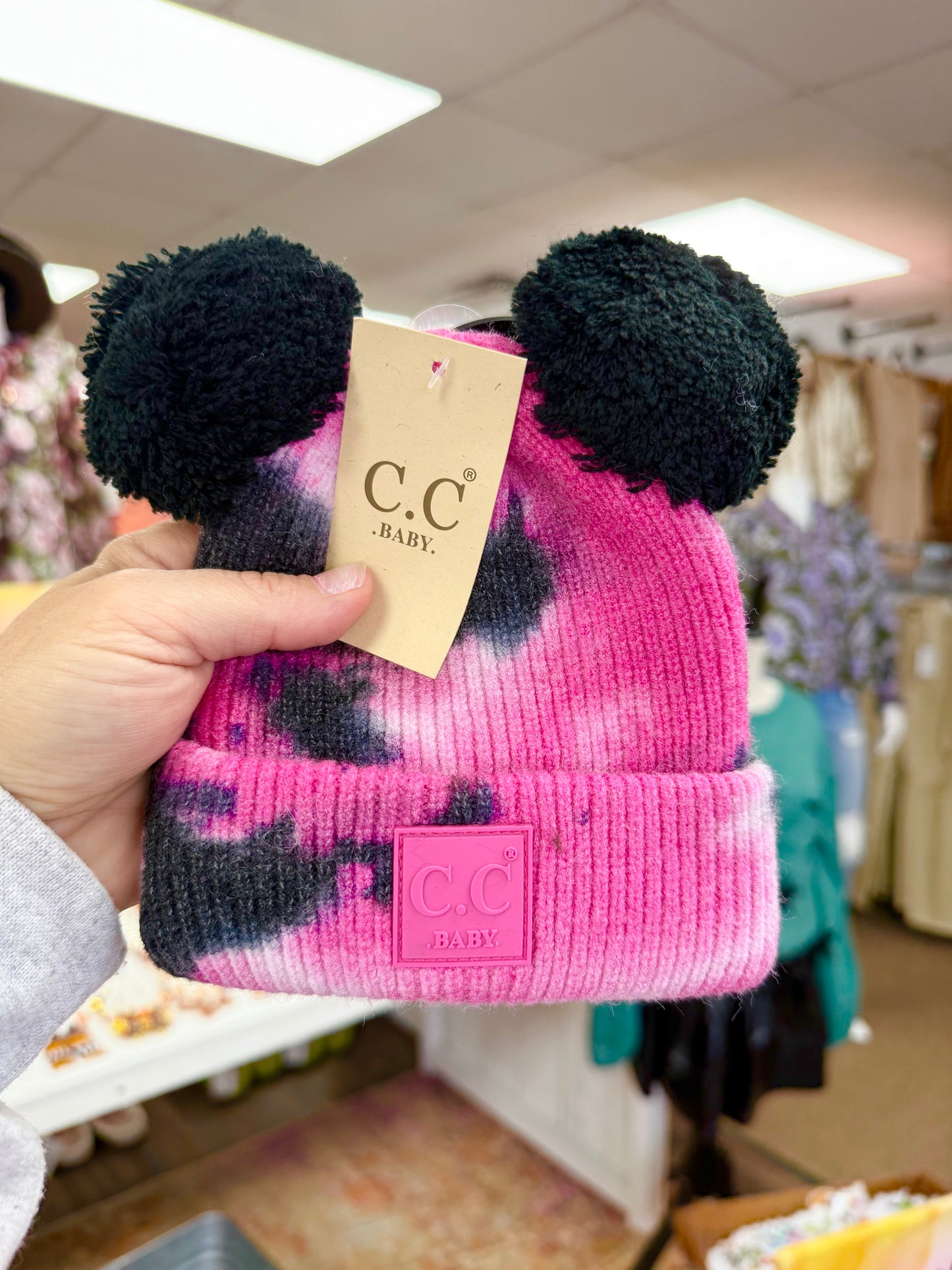Baby Pink/Black Tie Dye Pom Pom Beanie
