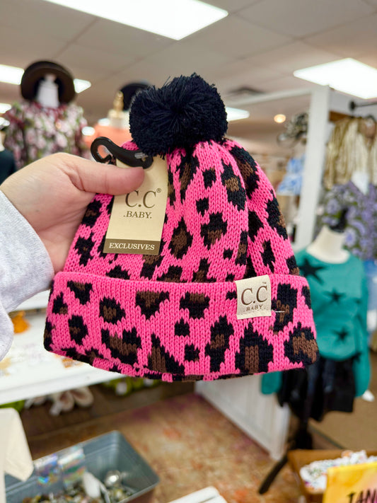 Baby Candy Pink Leopard Pom Pom Beanie
