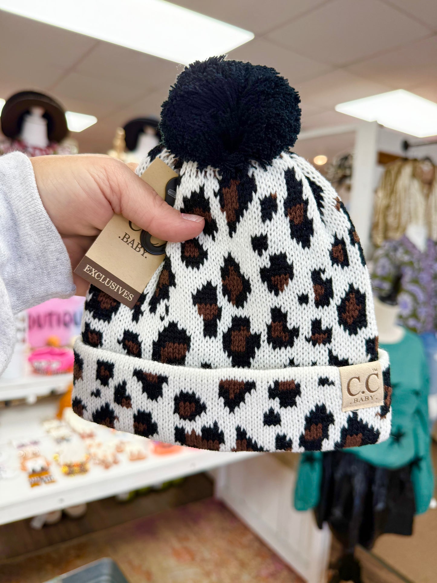 Baby White Leopard Pom Pom Beanie