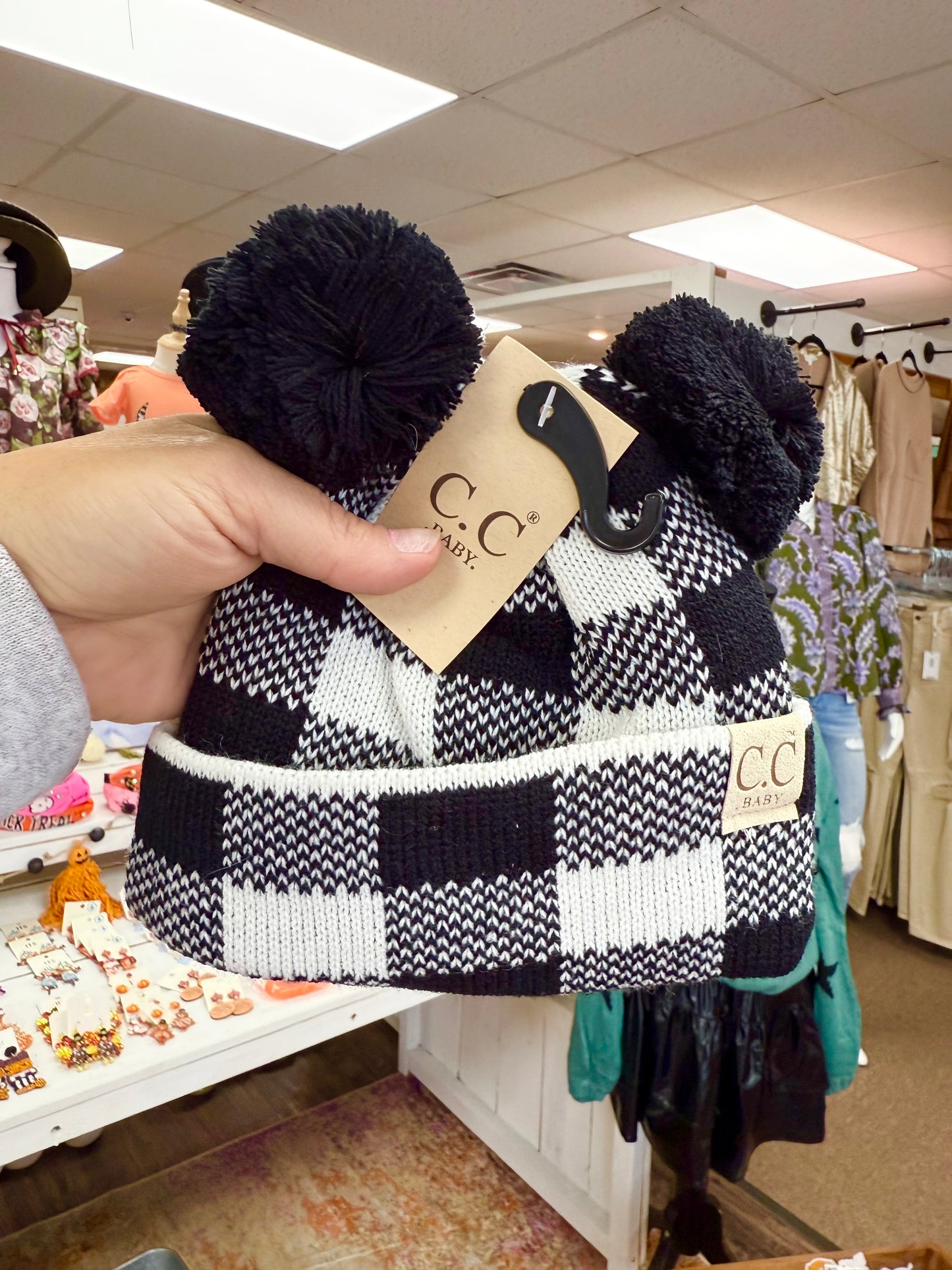 Baby Black/White Plaid Pom Pom Beanie