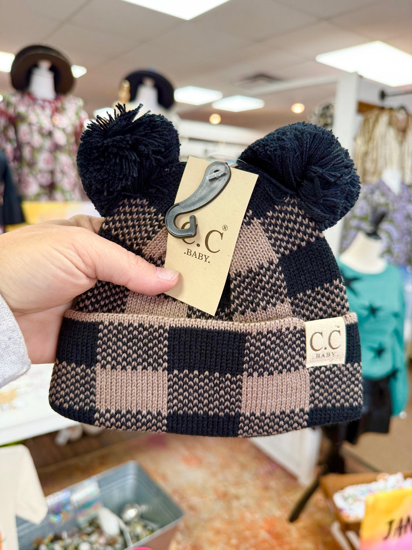 Baby Black/Taupe Plaid Pom Pom Beanie