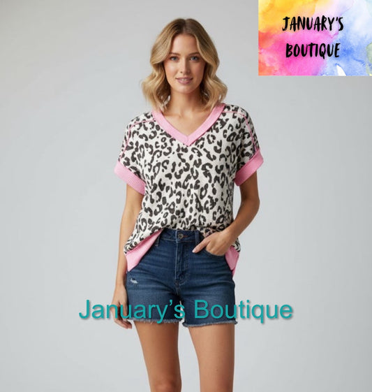 Women’s Plus Pink Trim Leopard Top