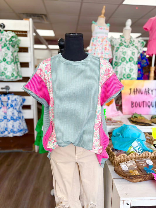 Women’s Ribbed Floral Color Block Top