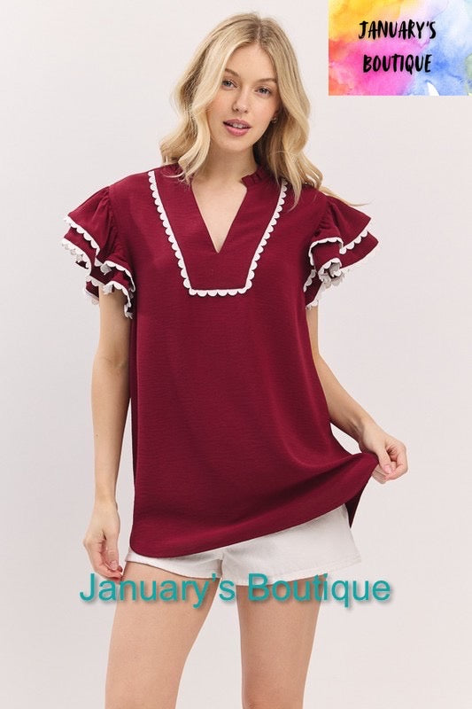 Women’s Maroon and White Ric Rac Top