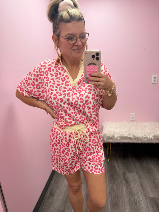 Women’s Pink & Yellow Leopard Shorts Set